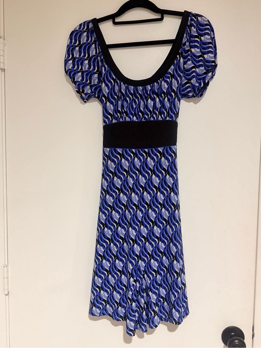 Aa Studio Blue Patterned Puff-Sleeve Empire Waist Midi Dress